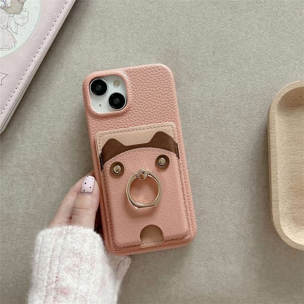 Etui til iPhone 16 pink Læder Sød Bjørn Pebbled