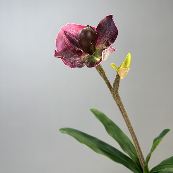 Simulert Paphiopedilum PVC Føles Ekte Kunstig Blomst Hjemmeinnredning 2-Hodet med Blader Orkidé Myk Dekor Green Elf