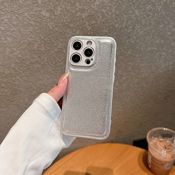 Etui til iPhone 14 Lychee mønster-Sølv 2 i 1 Pebbled klassisk læder