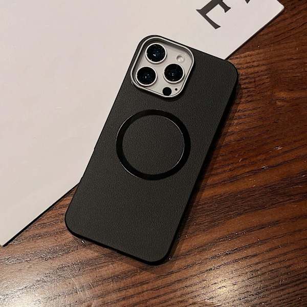 Fodral för iPhone 14/13 svart läderstruktur frostad magnetisk läder helkropp