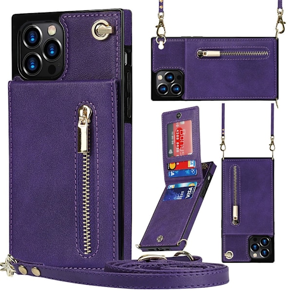 Kotelo iPhone 13PRO:lle, violetti Crossbody-vetoketjullinen lompakko korttipidikkeellä ja jalustalla