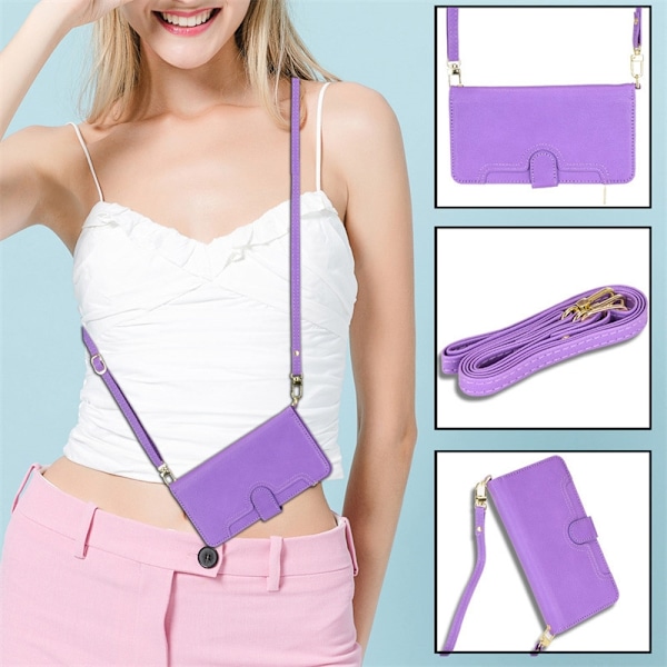 Etui til iPhone 13 Lilla + håndledsrem + lang lanyard lynlåspung med kortholder flip