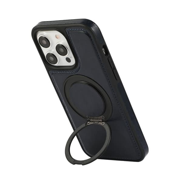Etui til iPhone 15 Pro Mørkeblå Egnet til magnetisk opladning roterende stativ læder business