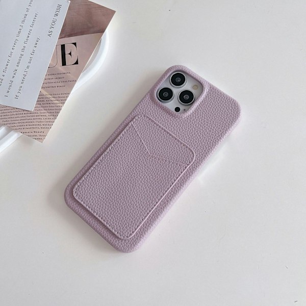Kotelo iPhone 16E:lle, vaalean violetti korttipidike litšinahkakotelo, klassinen kivikuvioinen korttipidike nahkarakenne