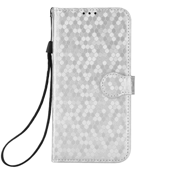 Kotelo iPhone 14 Prolle, hopeinen Polka Dot -lompakkokotelo korttipidikkeellä