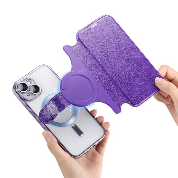 Kotelo iPhone 16 Plus -puhelimelle, violetti, luova galvanointi, läppä, magneettinen linssisuoja