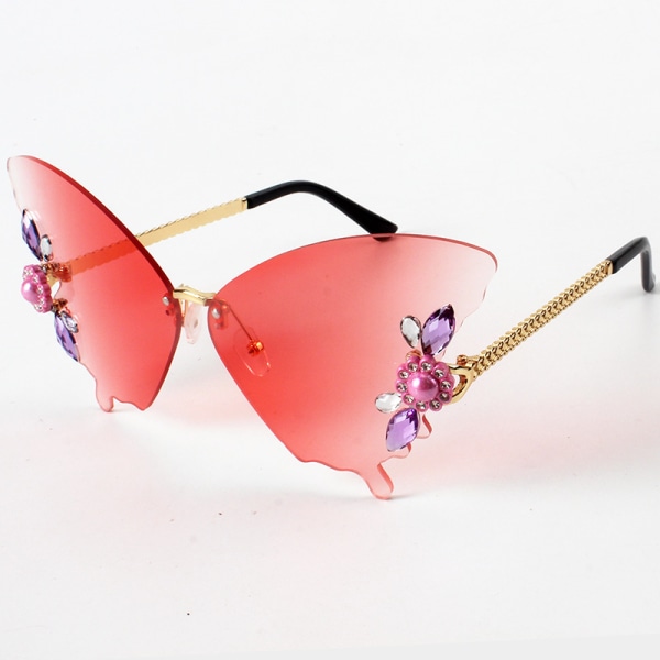 Ramlös trimning fjärilsform Utrikeshandel Roliga solglasögon Diamantinbäddade Färgglada Hipster Party Modesolglasögon Gradually varied pink