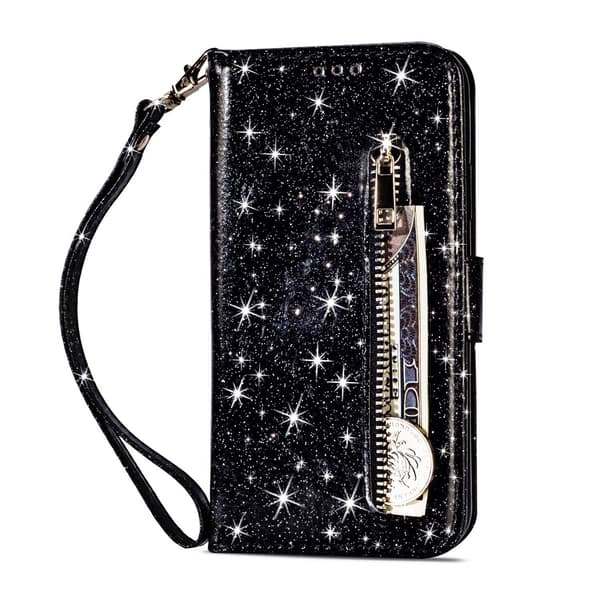 Etui til iPhone 16plus sort lynlås glitter pung med kortholder