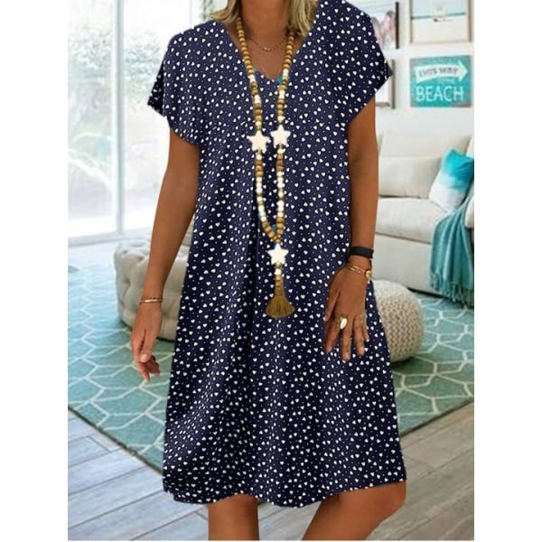 Casual kortärmad V-ringad topp polka dot hjärtform printed klänning för kvinnor Dark Blue 5XL