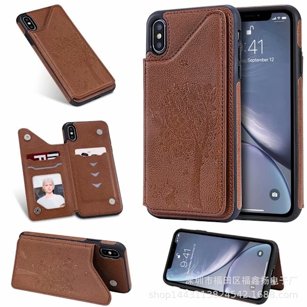 Etui til iPhone 13 Pro brun 3D præget kat og træ præget pung med kortholder flip