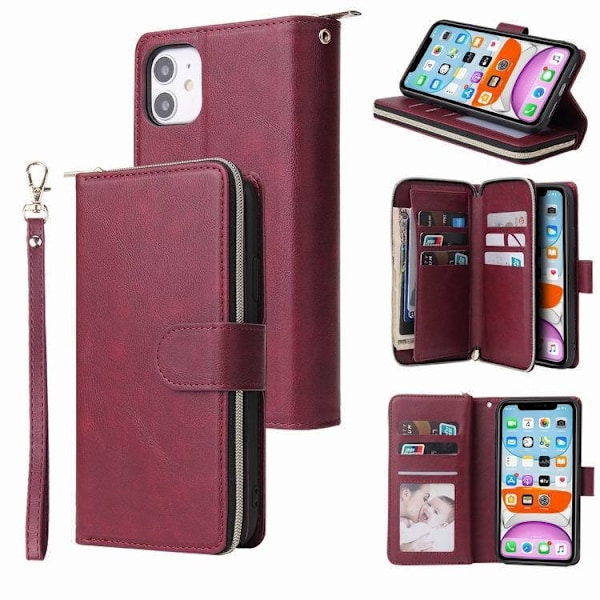 Etui til iPhone 14 Pro Max Vinrød Nine-card lynlåstaske Flip Wallet med kortholder