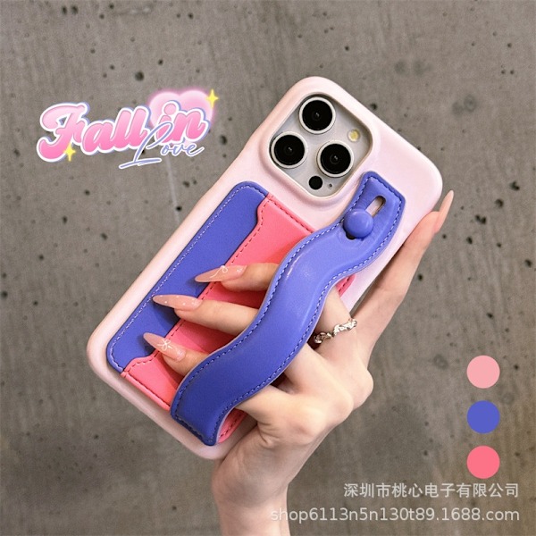 Fodral för iPhone 14Promax Rosa [blått armband] Dopamin handledsplånbok med korthållare lädertextur