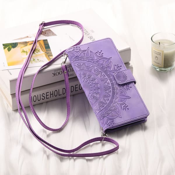 Etui til iPhone 14 Plus Lilla + lang snor Multi-kort Totem Lynlås Flip Wallet med Kortholder