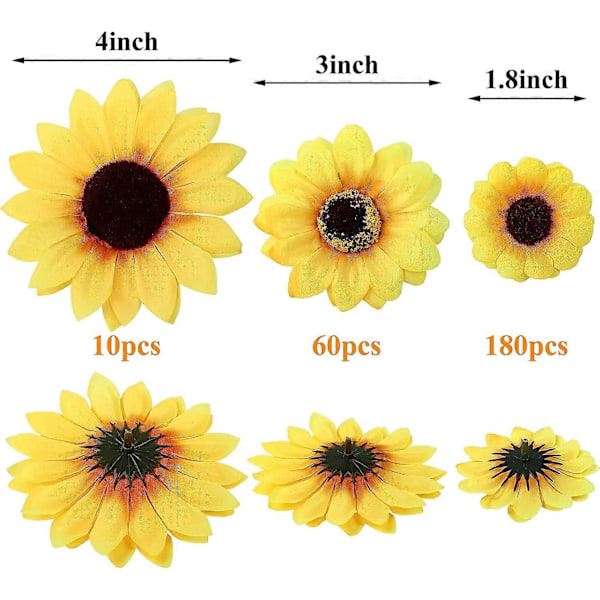 250 stk. Kunstige Solsikkehoder i Silke Høst Solsikker Dekor 4,5 cm 7,5 cm 10 cm Falske Blomsterhoder Gule Blomster til Bryllupsdekorasjoner Hjemmedekorasjon