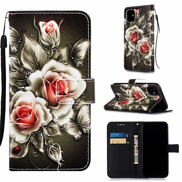 Etui til iPhone 13 Pro Max Sort rose Almindeligt malet Wallet med kortholder Flip