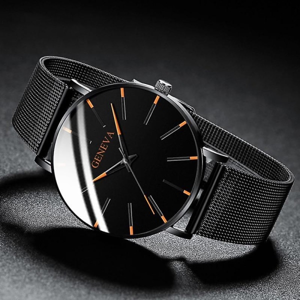 Minimalistiskt herrmode Ultratunnt rostfritt stål - Mesh bälte Quartz Watch M Black Orange