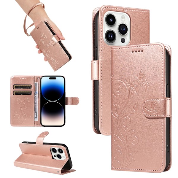 Kotelo iPhone 13 Pro Maxille, ruusukulta + nahkarannekoru, 3D-kohokuvioitu mantelipuun kukka -lompakko korttipidikkeellä
