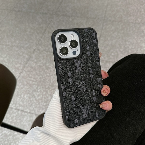 Etui til iPhone 15 Pro Max Sort stor blomst lædertekstur