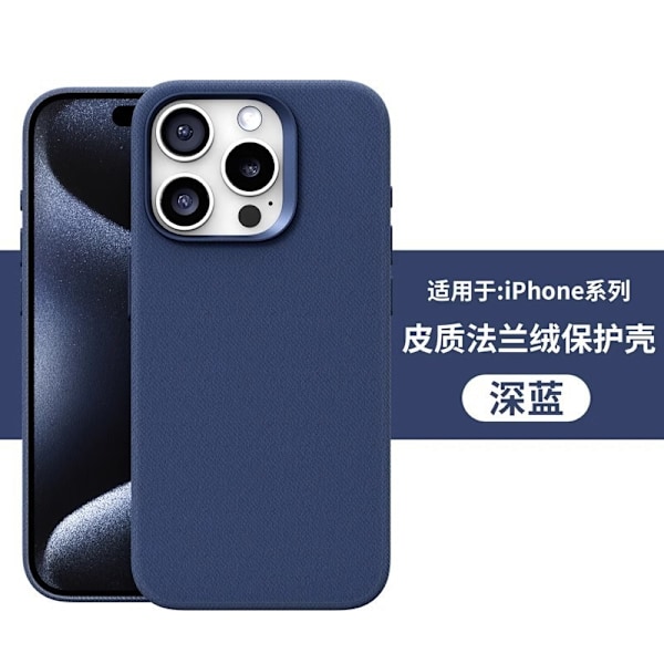 Fodral för iPhone 14PROMAX Mörkblå lädertextur flanell magnetisk höst och vinter helkropp
