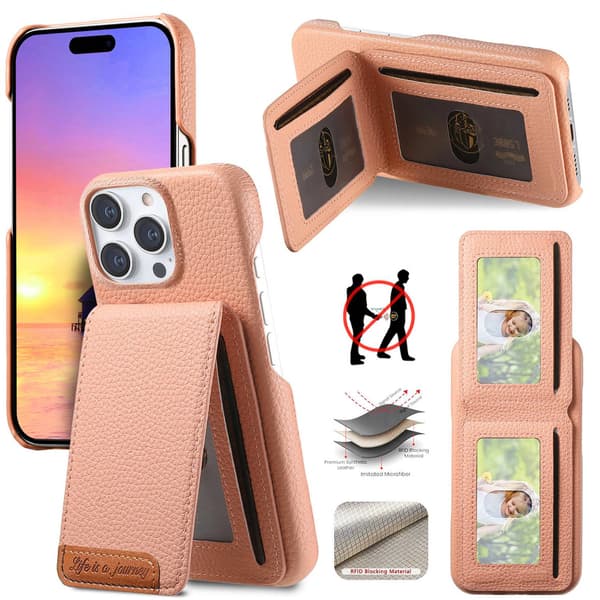 Etui til iPhone 16 Pro Max pink Læder Pebbled Flip Wallet med Kortholder
