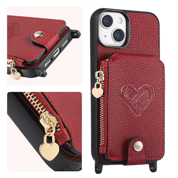 Etui til iPhone 15 Pro Max Burgunder [med lang snor] Pebbled Love Kortholder med Lang Stropp Kreativ Personlighet
