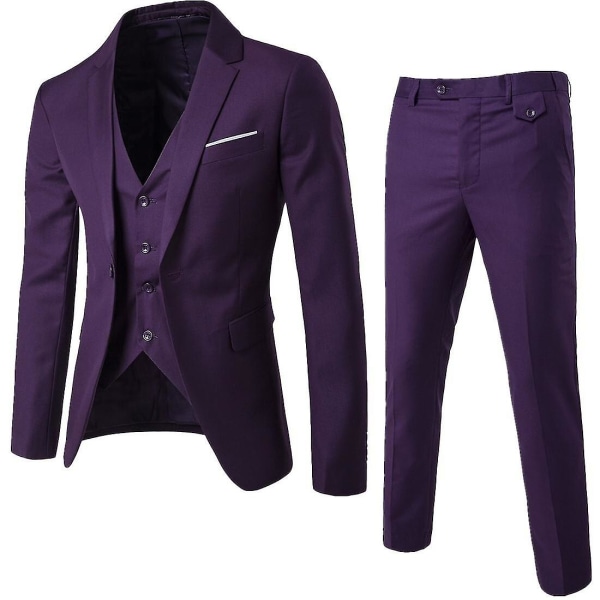 Nytt 3-delat Slim Fit- set för män, kavajvästbyxor Business Bröllopsjacka väst och byxor Purple 2XL