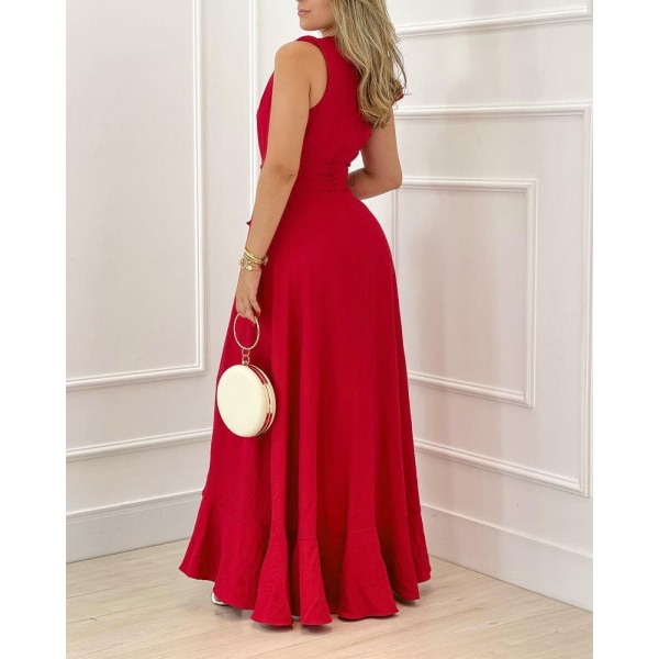 Röd lång klänning med hög midja med print inuti Temperament Pendla ärmlös rem typ Red L