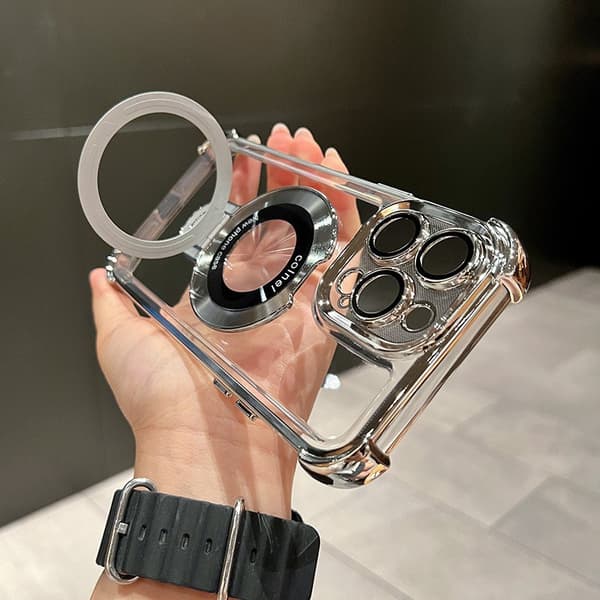 Etui til iPhone 16 Klart Magnetisk Stativ Linse Detalje Klar Sølv