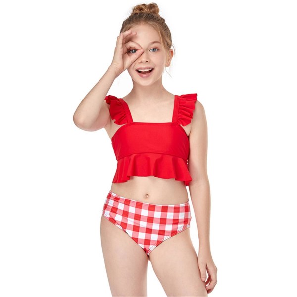 Nya Barn Flickor Badkläder Volang Cropped Toppar Rutiga Trosor Bikini Set Sommar Baddräkt Red 8x10 Years