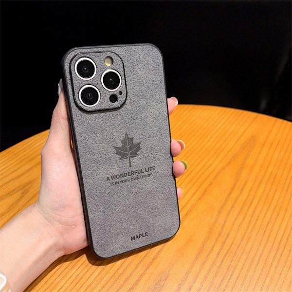 Kotelo iPhone 14 Plus -puhelimelle, harmaa, vaahteranlehti, puristettu nahkarakenne, hienot huokoset, bisnestyylinen ulkoasu