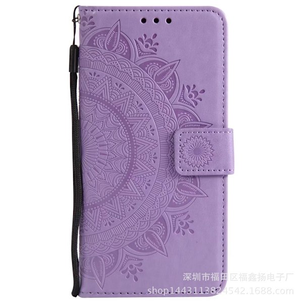 Etui til iPhone 13 Pro Lilla Totem 3D Præget Halv Blomst Tegnebog med Kortholder