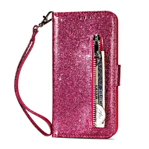 Etui til iPhone 14 Rosarød glitter lynlås læder etui Mode glitter lynlås Flip Almindelig