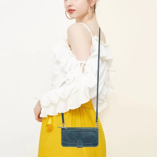 Etui til iPhone 13 Pro Blå rem crossbody lynlås Flip Wallet med kortholder rem Wallet med kortholder