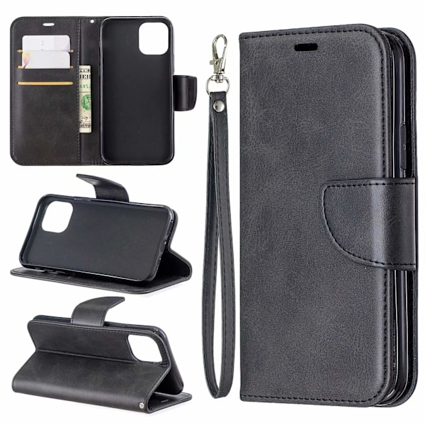 Etui til iPhone 14 Pro, sort, almindeligt lammeskinds-korn-pung med kortholder-flip