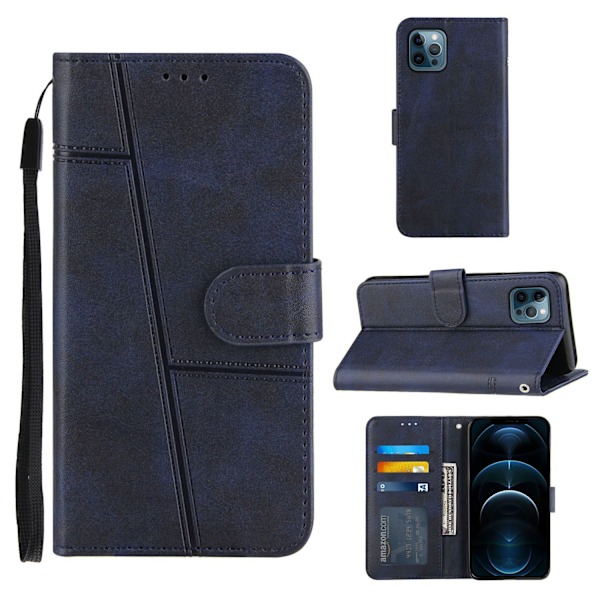 Etui til iPhone 15 PLUS Mørkeblå Blandet Materiale Kalveskind Retro Wallet med Kortholder Flip