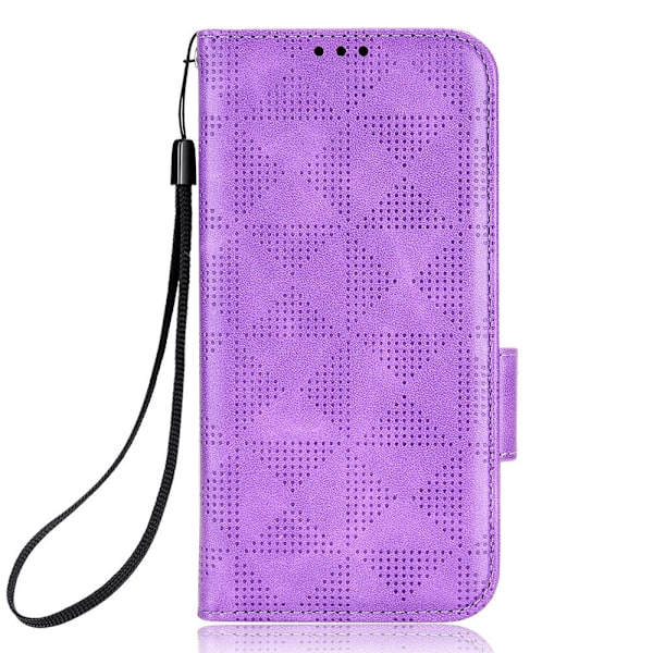 Fodral för iPhone 15 Plus Lila Diagonal Triangel Präglat Rutnät Plånbok med Korthållare Flip