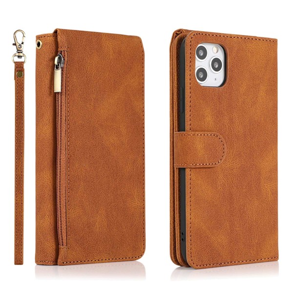 Kotelo iPhone 16plus ruskealle Soft-Touch Multi-Card vetoketjulliselle lompakolle korttipidikkeellä