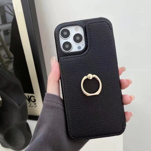 Etui til iPhone 13 Pro Sort 2-fold makeup spejl Pebbled Wallet med kortholder Beauty Mirror Crossbody Strap