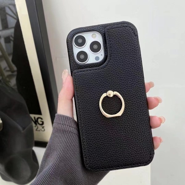 Fodral för iPhone 13 Pro Svart 2-faldig sminkspegel Pebbled Plånbok med Korthållare Skönhetsspegel Crossbody-rem