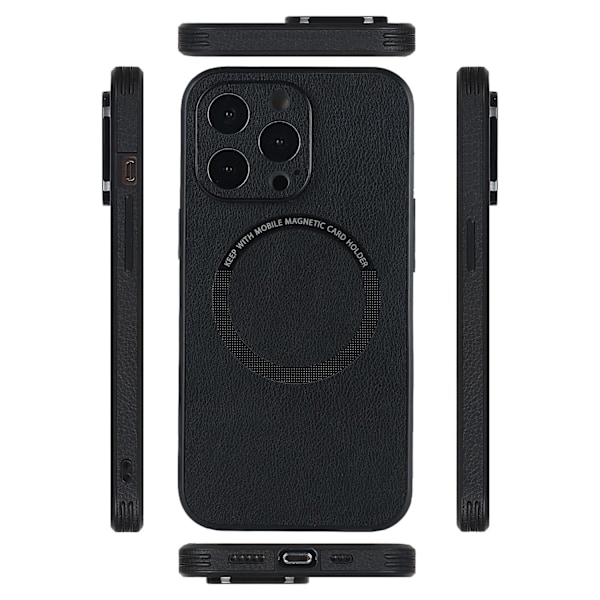 Kotelo iPhone 15plus -puhelimelle, musta nahka, magneettinen langaton laturi, luova