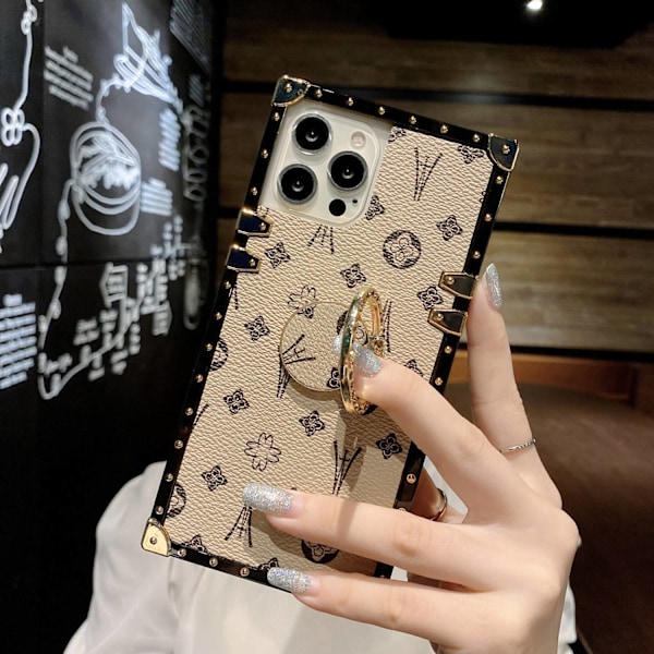 Fodral för iPhone 13 5.4 Beige + fäste läder fyrkantigt rutmönster Full-Body stativ