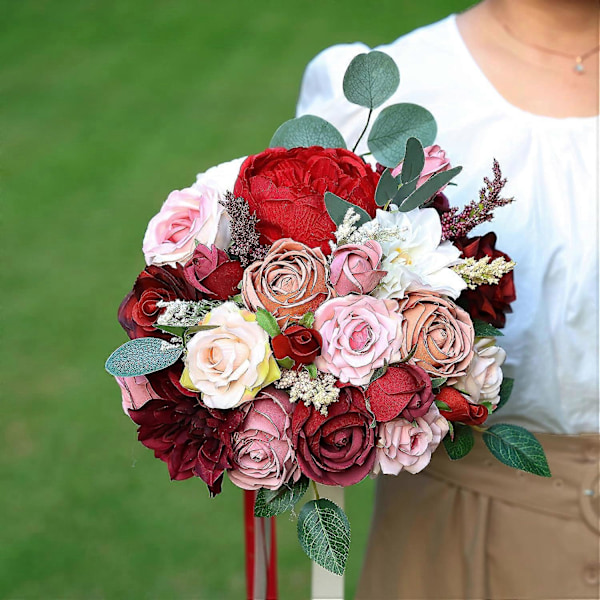 Kunstige roseblomster kombinasjonsbokssett inkluderer peoner, krysantemum, falske blomster, bulkblomsterblad med stilker Burgundy Pink White Se