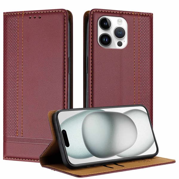 Etui til iPhone 15 Claret Magnetisk Lommebok med Kortholder