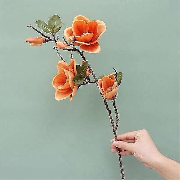 Kunstig Blomst Sjarmerende Realistisk Stoff 3 Hoder Fabel Magnolia Blomster for Stue Blue