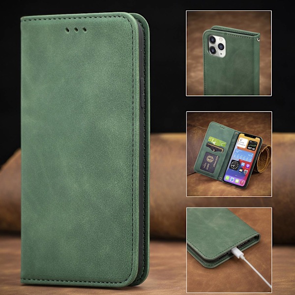 Etui til iPhone 16 grøn Flip Wallet med kortholder magnetisk