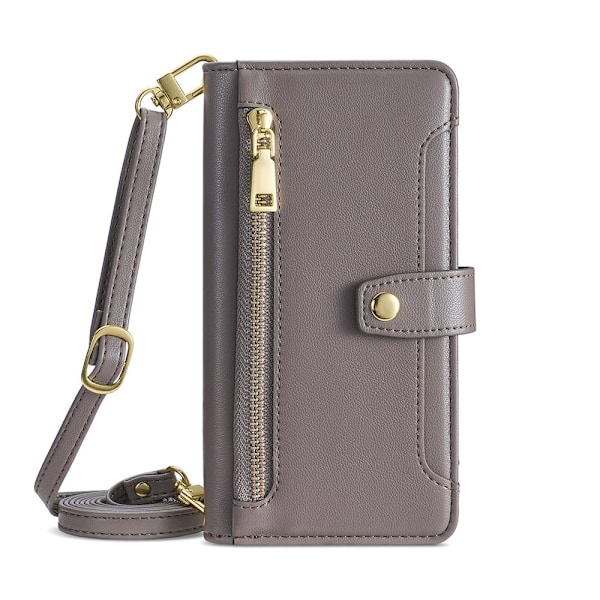 Fodral för iPhone 14 Pro Grå (inklusive lång axelrem + kort handledsrem) Flip Crossbody-rem