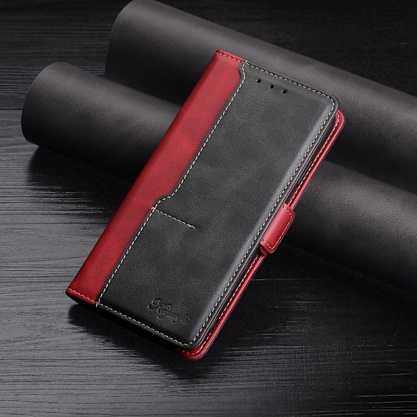 iPhone 15 Pro Max Punainen+Musta Lompakkokotelo Korttipidikkeellä Vasikannahkaa