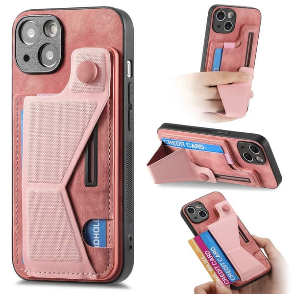 Etui til iPhone 13 pink Multi-vinkel slide stand læderpung med kortholder læder