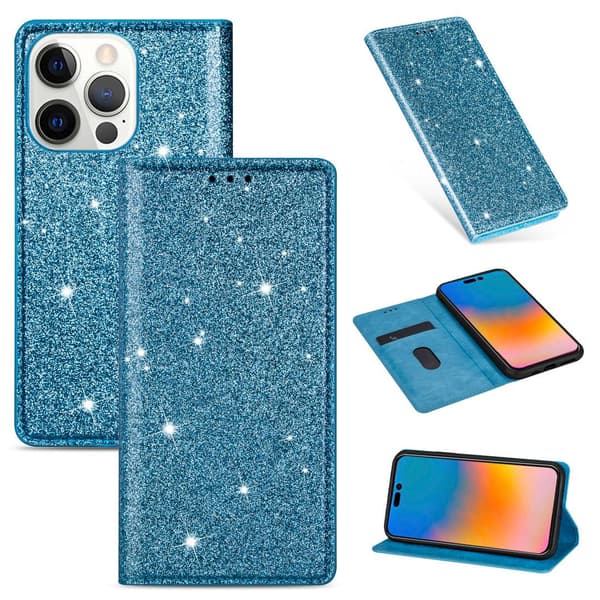Fodral för iPhone 15 Pro Max Flash Blå glitter Magnetiskt Flip Plånbok med Korthållare