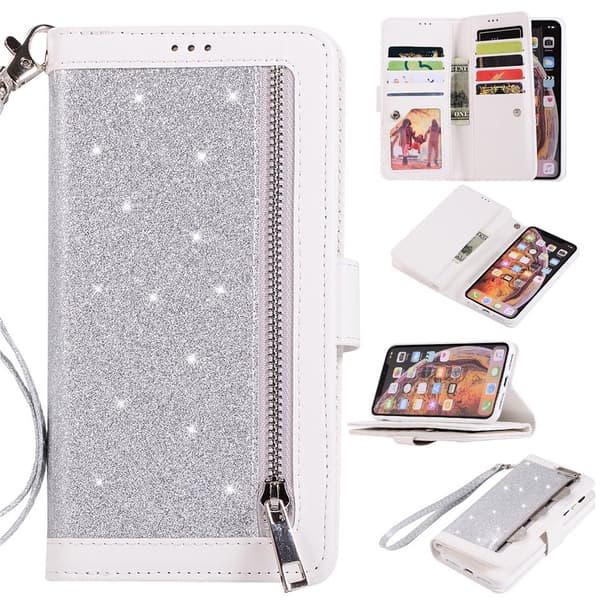 Fodral för iPhone 16plus silverglitter nio-kort dragkedjeväska Plånbok med korthållare